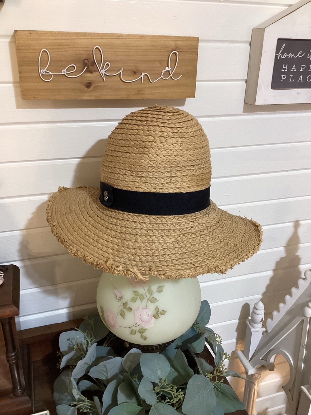 Vince Camuto Natural Straw Sun Hat with Black Ribbon